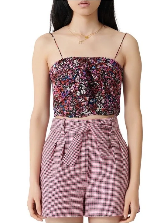 Maje Floral Silk Crop Top Black Pink (3/S) | Sleeveless Parisian Chic Summer - Picture 13 of 13